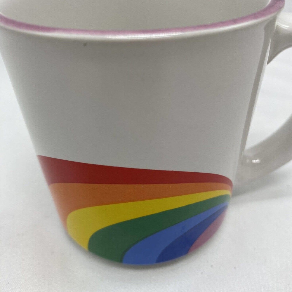 Vtg Sunnycraft Rainbow Coffee Tea Mug Stoneware Hand Decorated Pride purple trim